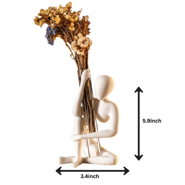 Sitting figurine vase holder – white minimalist human sculpture holding transparent bud vase with dried flowers Size chart