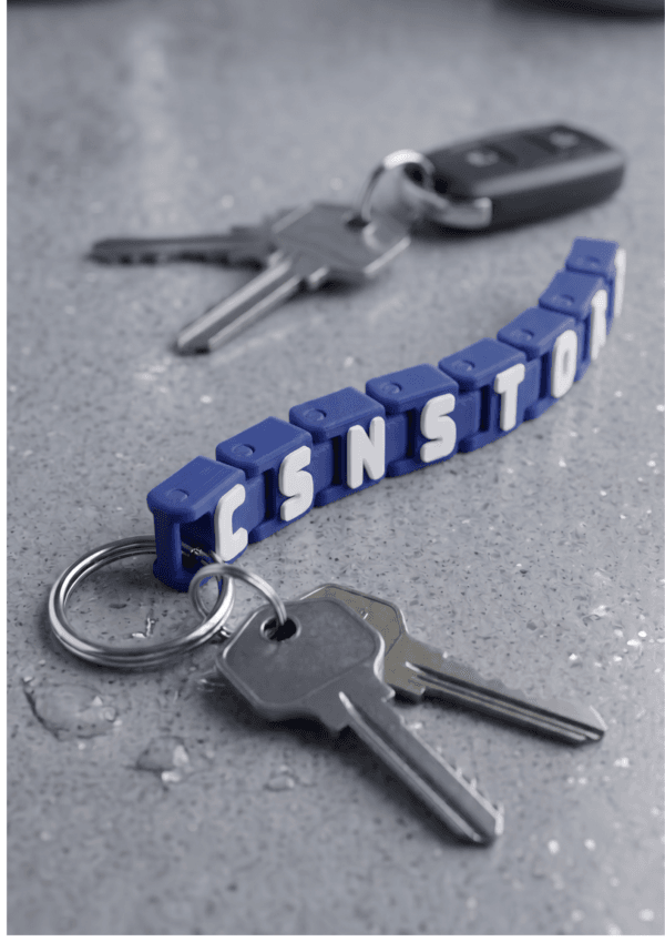Articulated name keychain – custom two-colour personalised flexible name tag keychain multiple colour options- blue,white
