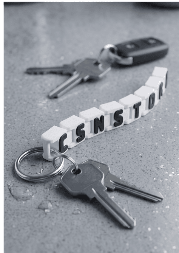 Articulated name keychain – custom two-colour personalised flexible name tag keychain multiple colour options- white,black
