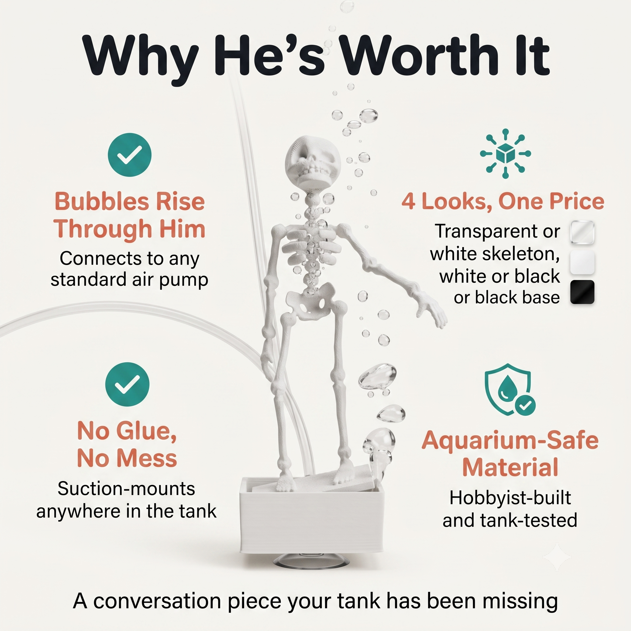 Dancing Skeleton Aquarium Diver — Bubbling Ornament Why Hes Worth It: bubbles rise through him, no glue no mess, 4 color combinations, aquarium-safe material