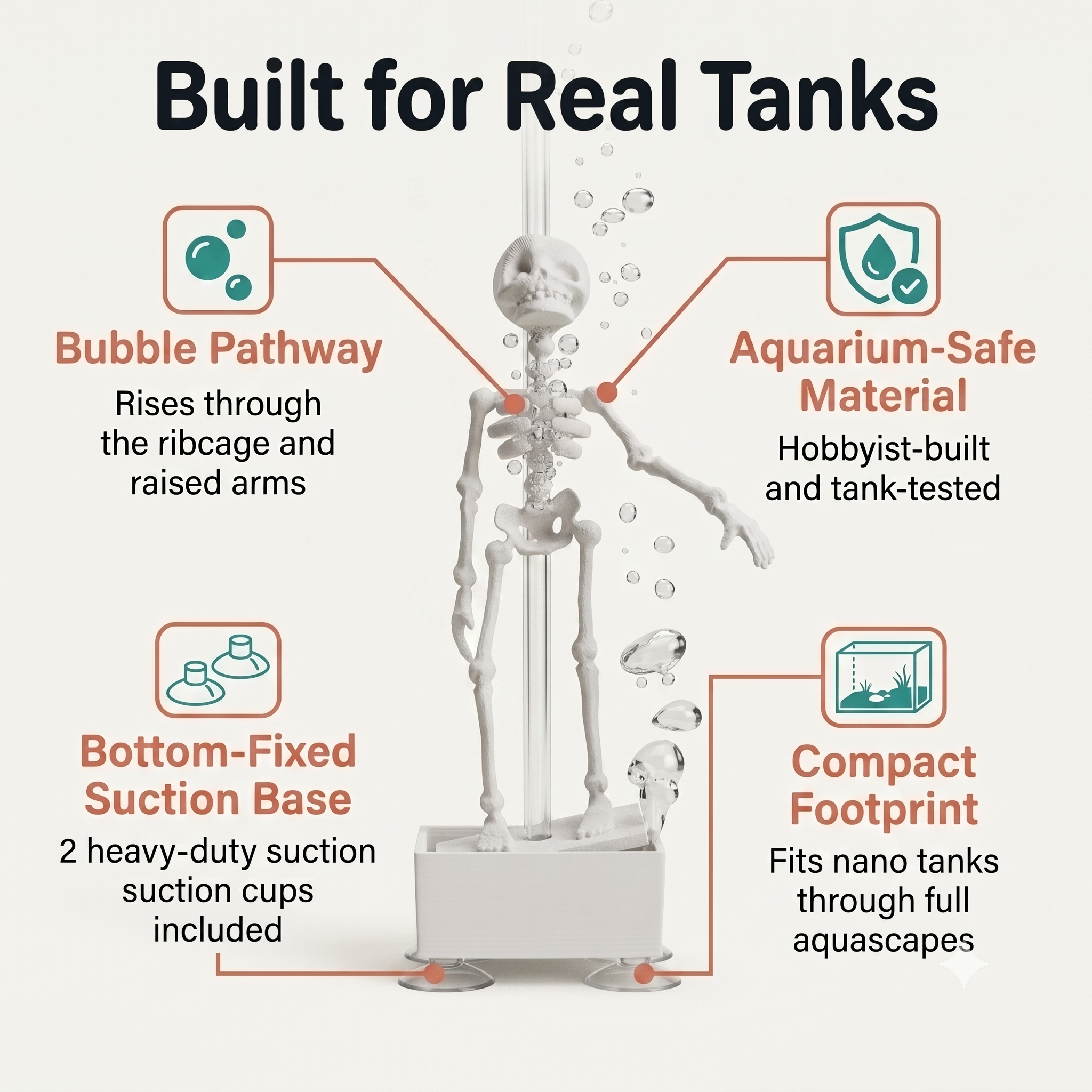 Dancing Skeleton Aquarium Diver — Bubbling Ornament Built for Real Tanks: bubble pathway, bottom-fixed suction base, aquarium-safe material, compact footprint