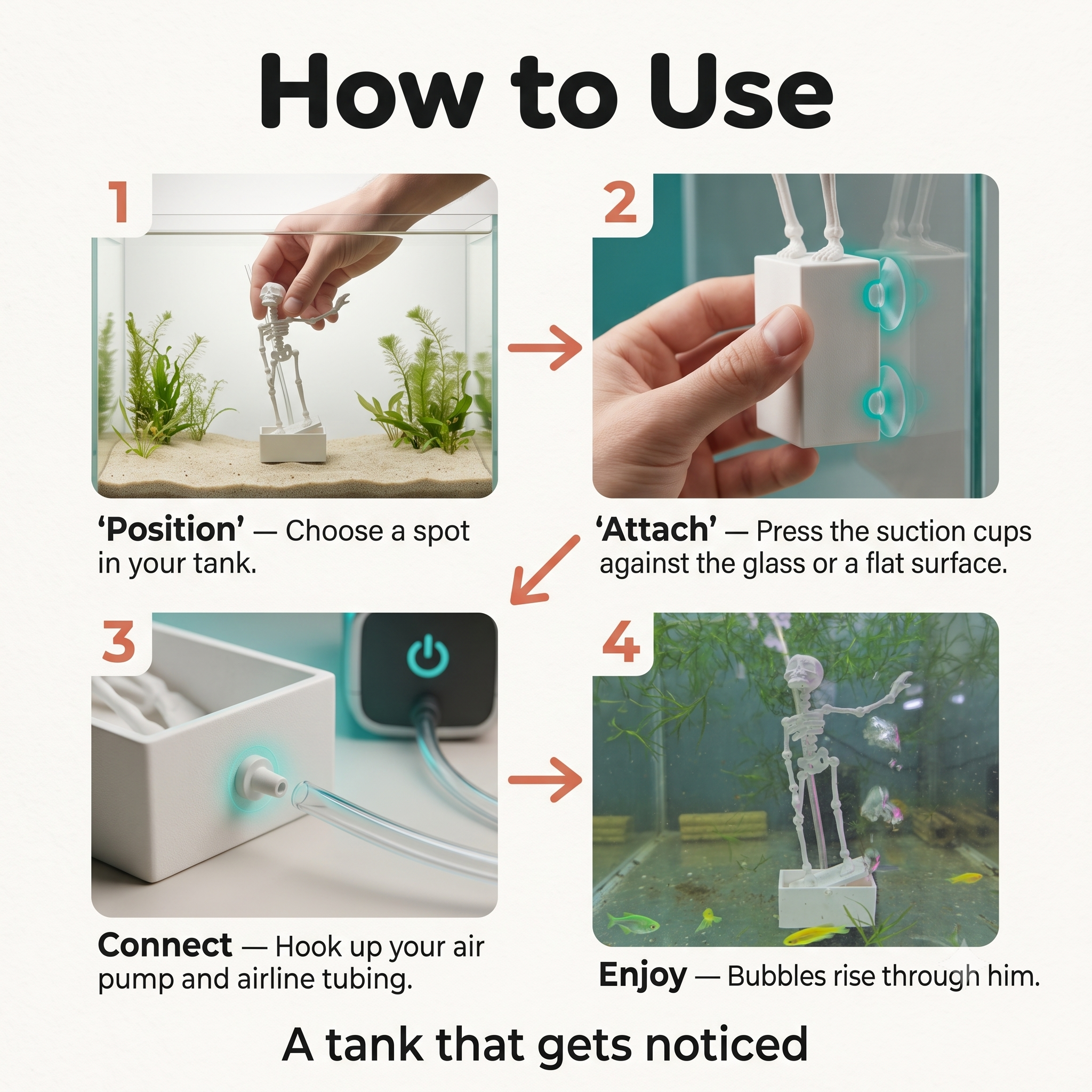Dancing Skeleton Aquarium Diver — Bubbling Ornament How to use: position in tank, attach suction cups, connect air pump, enjoy bubbles